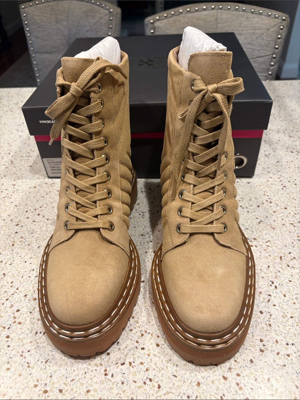 Vince Camuto Tan Suede Lace-Up Platform Boots VC-Punchenie 6.5M Combat Style